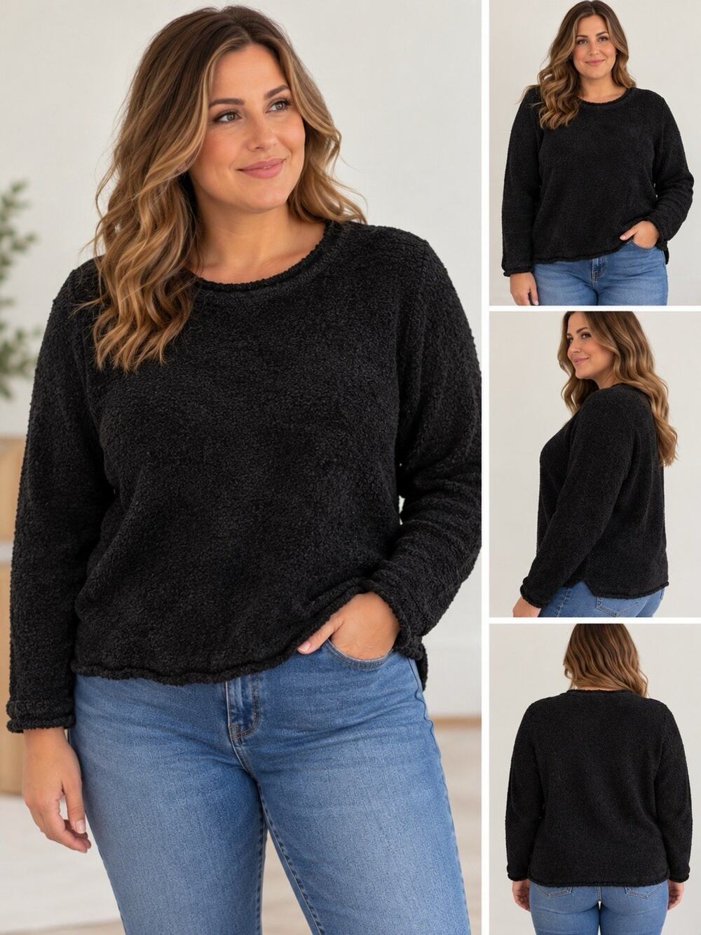 Croft and Barrow Womens 1X Black Fuzzy Sweater Long Sleeve Cozy Pullover
